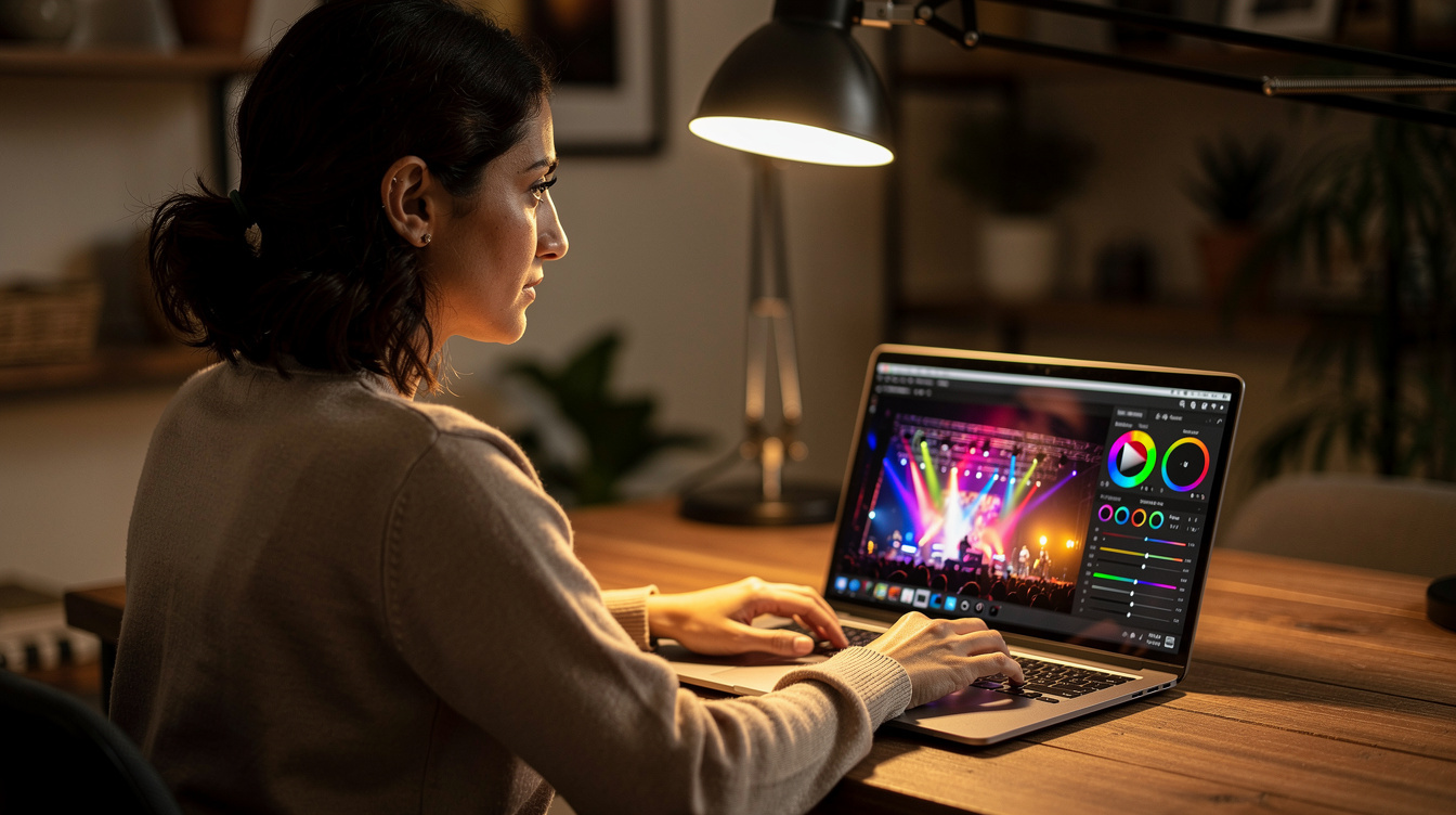 Photographer editing concert photos on a laptop with color grading software