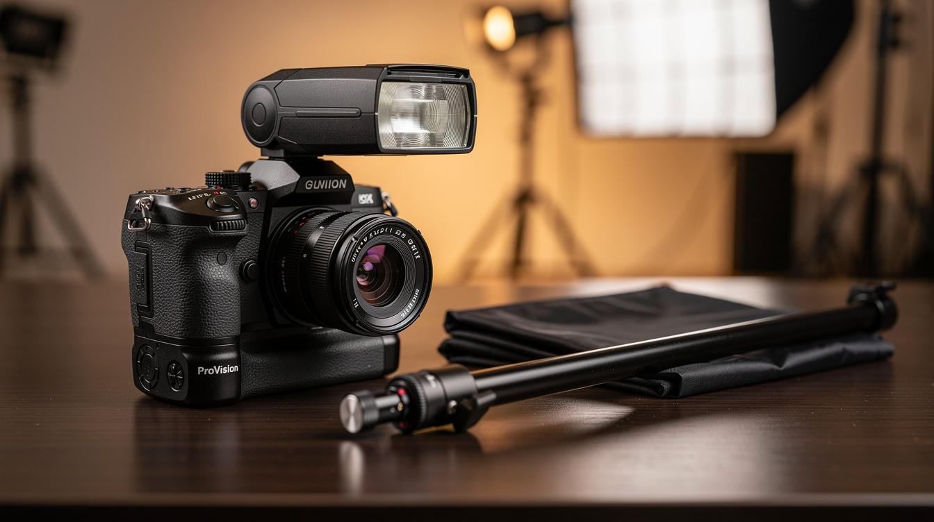 Close-up of a camera with an external flash unit and softbox lighting equipment
