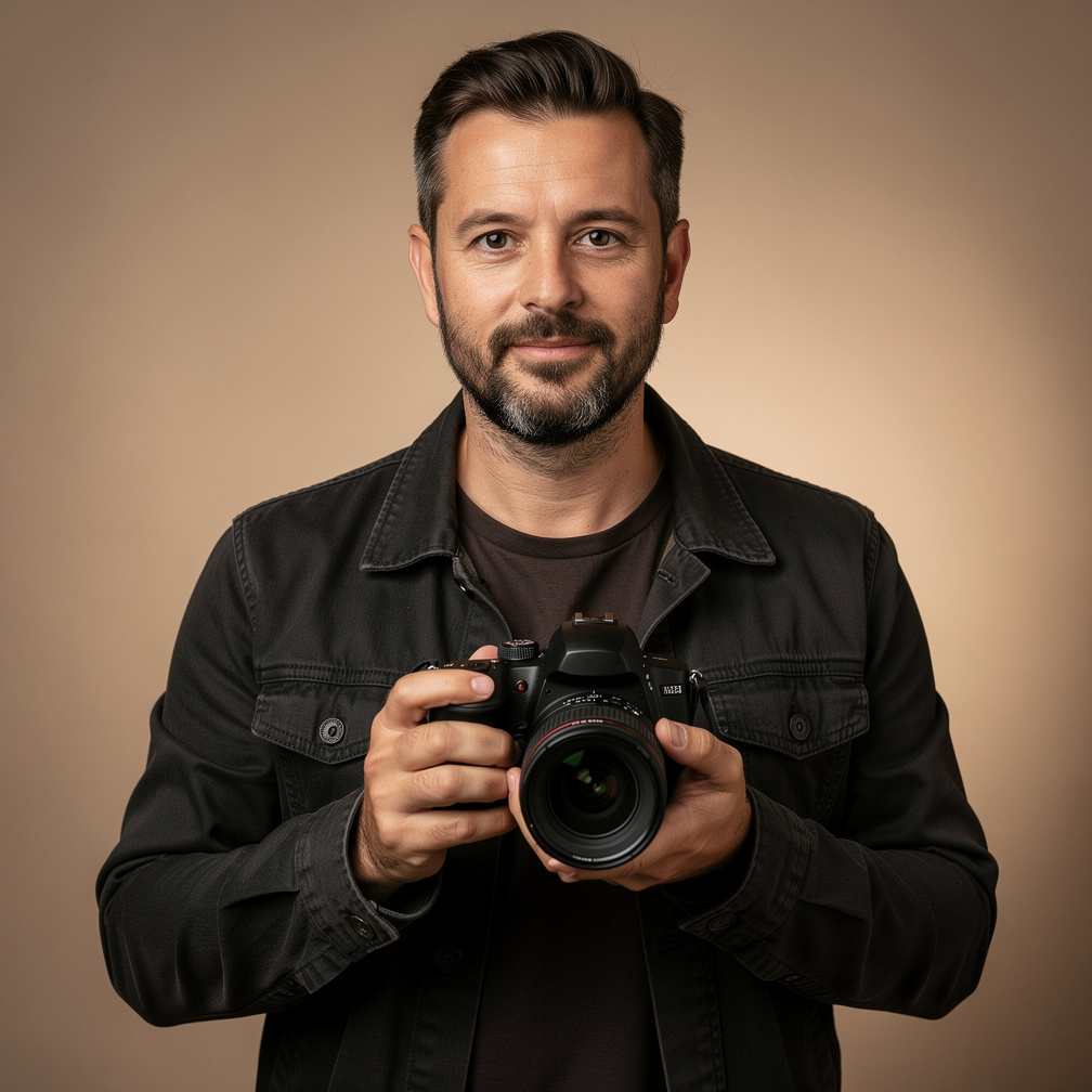 Studio portrait of a male photography instructor holding a camera