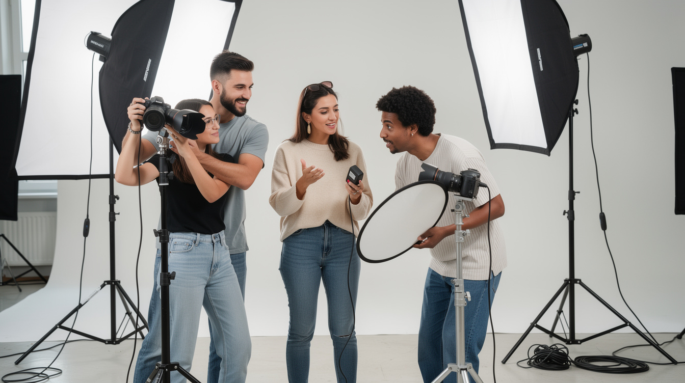 Diverse group of photography students practicing with studio lighting equipment