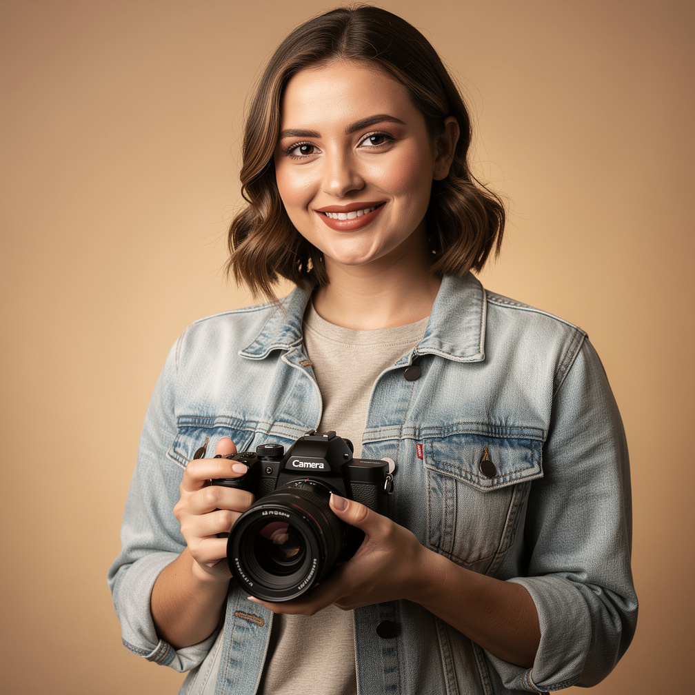 Portrait of a young woman photographer holding a camera in a studio