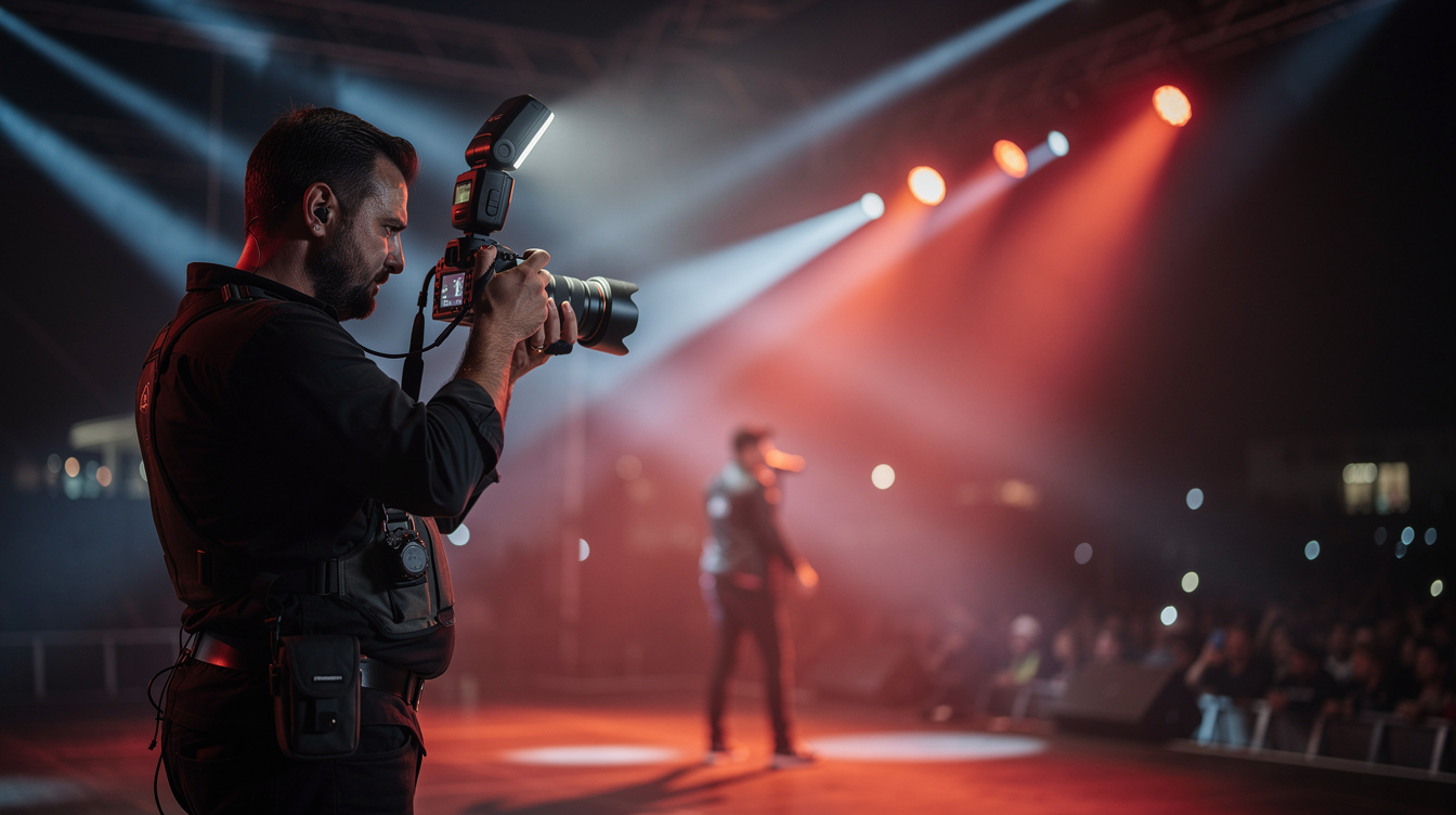 Photographer using an off-camera flash to shoot a concert on a colorfully lit stage