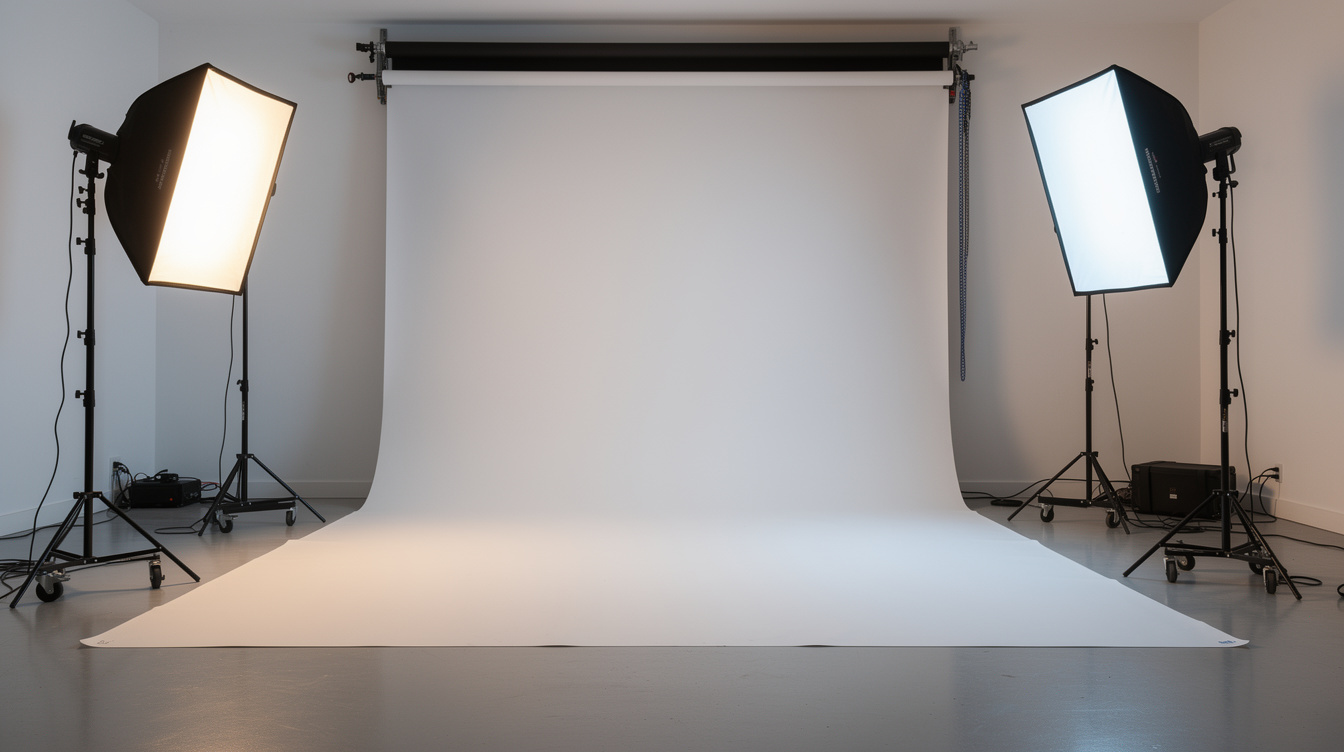 Empty photography studio with softbox lights and stands set up